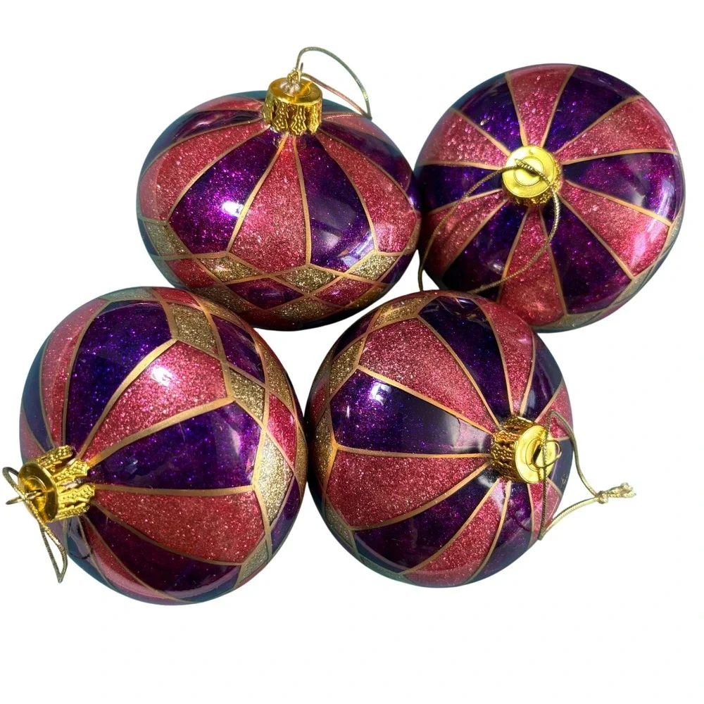 10 Purple Pink Gold Glitter Christmas‎ Ornament Set Harlequin Finial Round